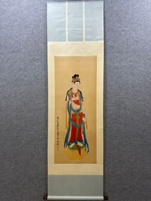 A Chinese Vertical Scroll Ink Painting of Buddha Statue on Silk
