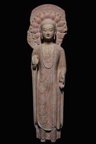 An Exquisite Limestone Painted Color Buddha Statue