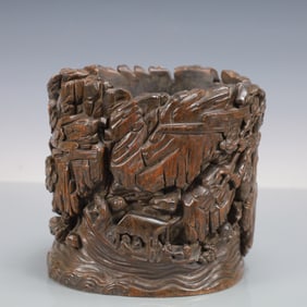 A Exquisite Zitanwood Landscape and Figure Pattern with poem Brush Pot