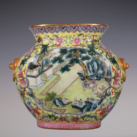 An Exquisite Famille-Rose Lotus Pattern Character and Story Pattern Double-Ears Vase
