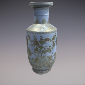 An Exquisite Sky Blue Glazed Painted Gold Flower and Bird Pattern with poem Vase