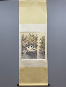 A Chinese Vertical Scroll Ink Painting of landscape on Paper