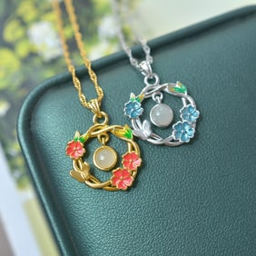 A Pair of Exquisite Sterling Silver-Gold Plated Inlaid White Jade Enamel Pendant