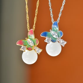 A Pair of Exquisite Sterling Silver-Gold Plated Inlaid White Jade Enamel Pendant