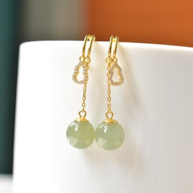 A Pair of Exquisite Sterling Silver-Gold Plated Inlaid White Jade Earrings