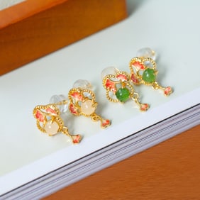 A Set of Fine Sterling Silver-Gold Plated Inlaid White Jade Earrings
