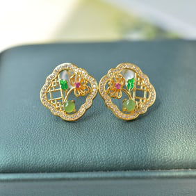 A Pair of Exquisite Sterling Silver-Gold Plated Inlaid Jasper Earrings