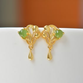 A Pair of Exquisite Sterling Silver-Gold Plated Inlaid Jasper Earrings