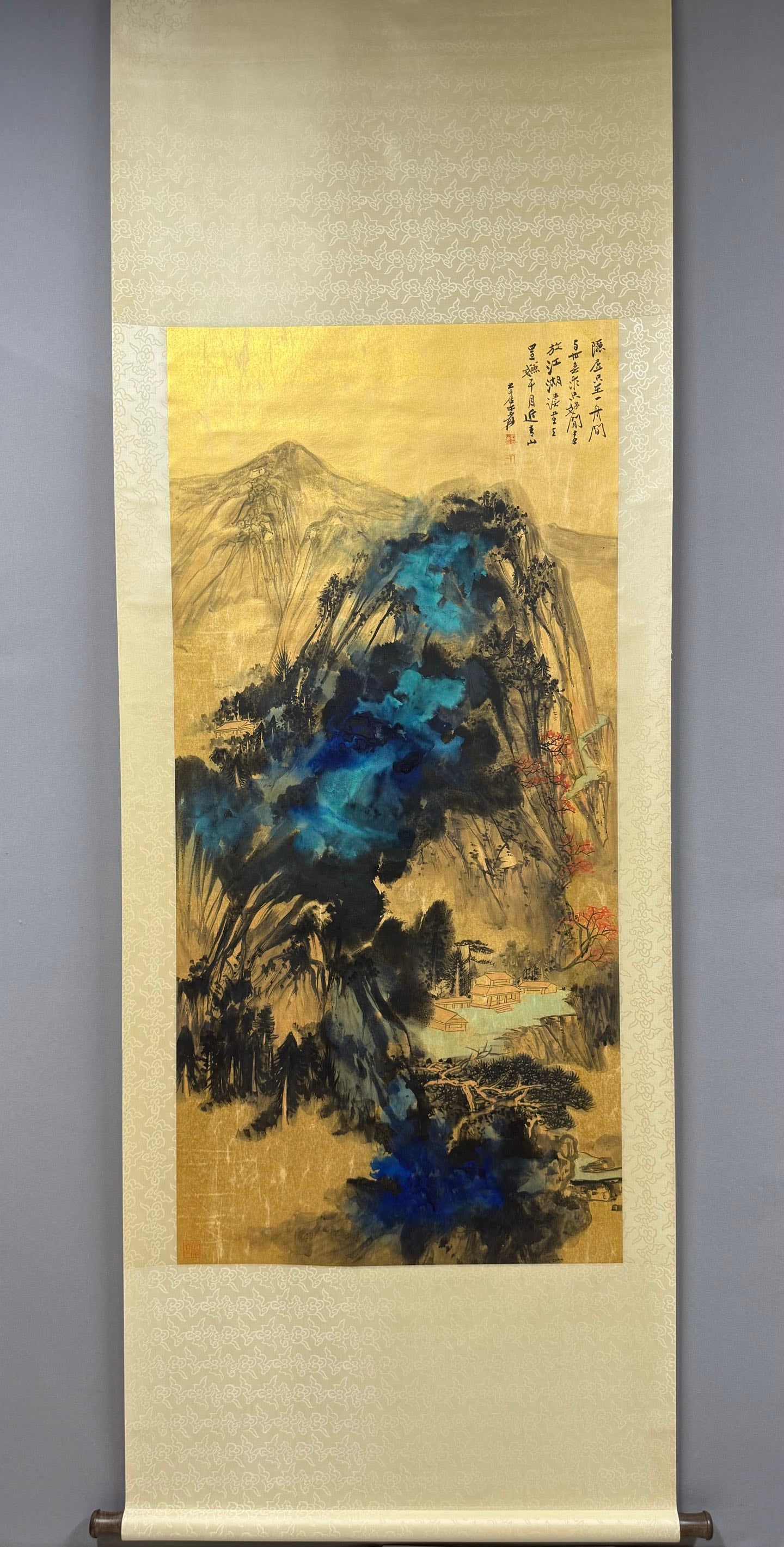 A Chinese Vertical Scroll Ink Painting of Landscape on Paper,Zhang Daqian: A Chinese Vertical Scroll Ink Painting of Landscape on Paper,Zhang Daqian,Size:52.4in 一幅中国水墨山水画立轴,张大千