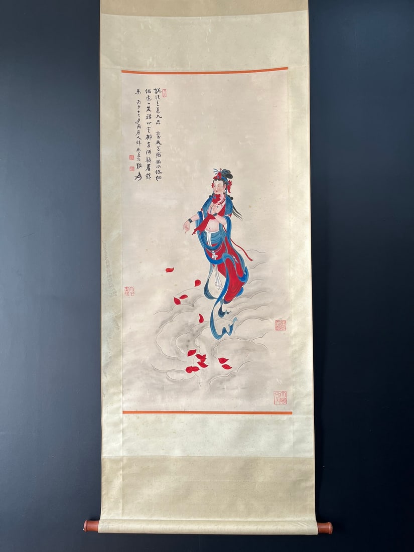 A Chinese Vertical Scroll Ink Painting of Figure on Paper,Zhang Daqian: A Chinese Vertical Scroll Ink Painting of Figure on Paper,Zhang Daqian,Size:25.6inx51.2in 一幅中国水墨人物画立轴,张大Õ