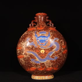 A Rare Enamel Painted Gold Lotus,Auspicious Cloud and Dragon Pattern Dragon-Ears Vase
