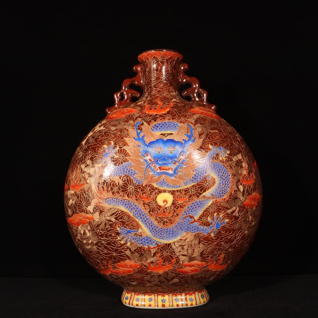 A Rare Enamel Painted Gold Lotus,Auspicious Cloud and Dragon Pattern  Dragon-Ears Vase (1 of 9)