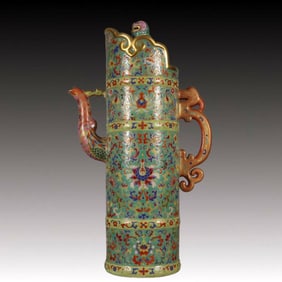 A Huge Enamel Green Ground Painted Gold Lotus Pattern Ewer