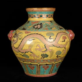A Rare Enamel Auspicious Cloud and Dragon Pattern Beast-Ears Jar