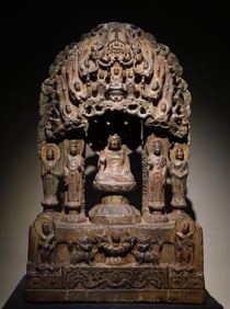 A Rare Limestone Painted Color Hollow Statue of Sakyamuni
