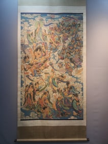 A Chinese Vertical Scroll Ink Painting of Buddha Statue on Silk,Ding Guanpeng