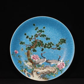An Exquisite Famille-Rose Blue Glazed Pine and Crane Pattern Plate