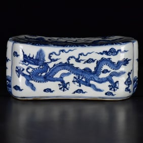 An Exquisite Blue and White Seawater,Auspicious Cloud and Dragon Pattern Pillow