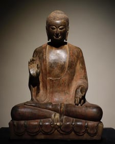 A Rare Limestone Painted Color Statue of Sakyamuni