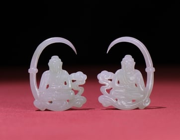 A Pair of Exquisite White Jade Statue of Sakyamuni Earrings