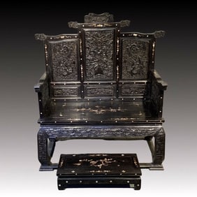 A Rare Zitanwood Inlaid Shell Dragon and Phoenix Pattern Chair