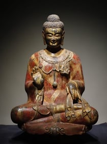 A Rare Limestone Painted Color Statue of Sakyamuni