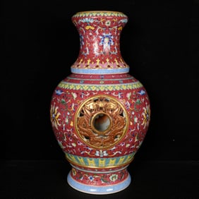 A Huge Ruby Red-Glazed Hollow Lotus and Dragon Pattern Vase