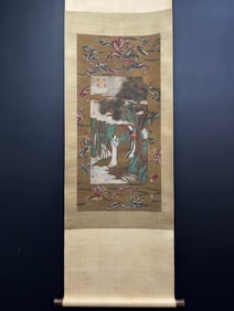 A Chinese Vertical Scroll Ink Painting of Landscape and Figure on Silk,Zhou Wenju
