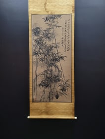 A Chinese Vertical Scroll Ink Painting of Bamboo on Paper,Zheng Banqiao