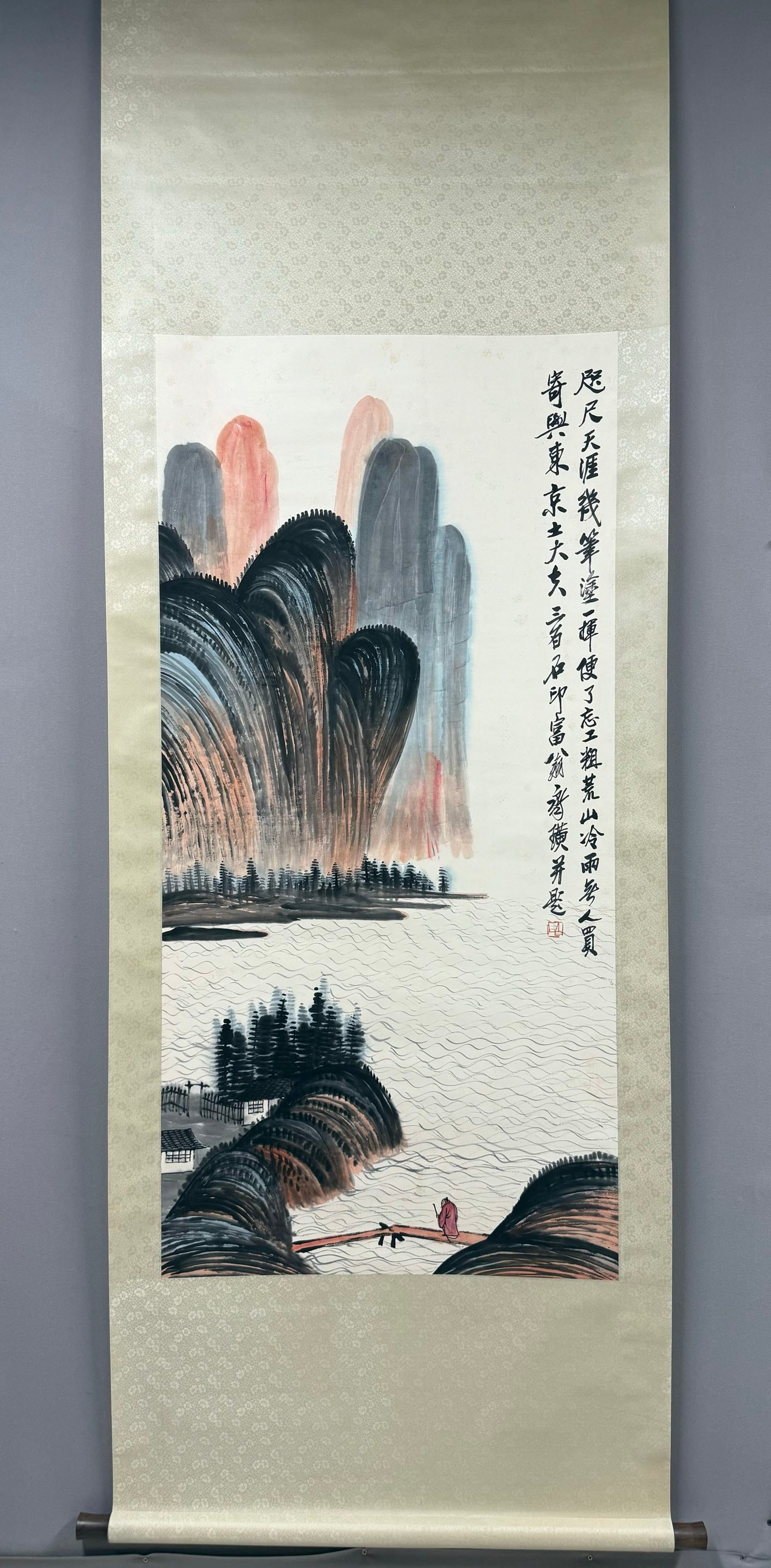 A Chinese Vertical ScrollInk Painting of Landscape and Figure on Paper,Qi Baishi: A Chinese Vertical ScrollInk Painting of Landscape and Figure on Paper,Qi Baishi,Size:52.4in 一幅中国水墨山水人物画立轴,&#