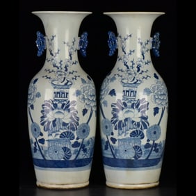 A Pair of Huge Blue and White Flower Pattern Double-Ears Vases