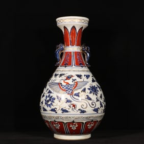 A Huge Blue and White Painted Gold Lotus,Kylin and Phoenix Pattern Double-Ears Vase