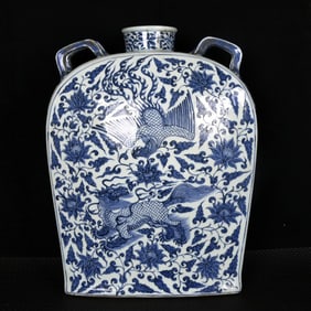 A Huge Blue and White Lotus and Auspicious Beast Pattern Pot