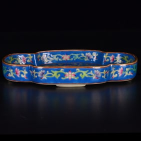 An Exquisite Blue Glazed Enamel Flower Pattern Brush Washer