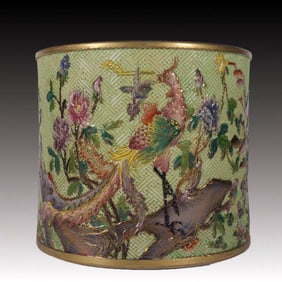 An Exquisite Enamel Carved Painted Gold Flower and Bird Pattern Brush Pot