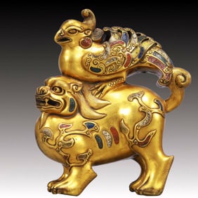 An Exquisite Gilt Bronze Painted Color Phoenix and Lion Ornament