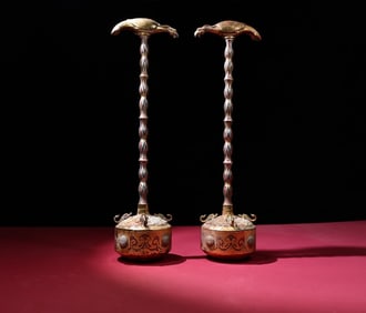 A Pair of Exquisite White Jade Inlaid Bronze Auspicious Beast Pattern Ritual Vessels