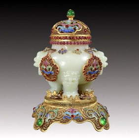 An Exquisite White Jade Cover with Gold Beast-Ears and Tripod Censer,Inlaid Gems