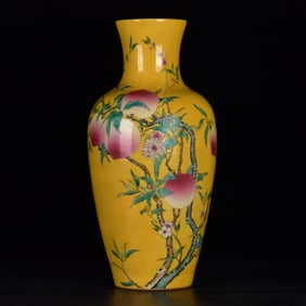 A Rare Yellow Glazed Famille-Rose Bats and Peach Pattern Vase