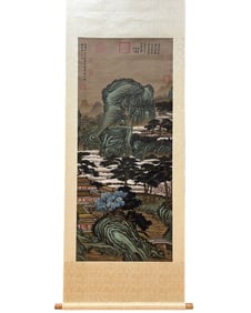 A Chinese Vertical Scroll Ink Painting of Landscape on Silk,Zhou Chen