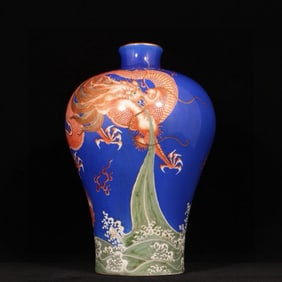A Rare Blue Glazed Famille-Rose Painted Gold Seawater,Fish and Dragon Pattern Vase