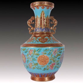 A Rare Enamel Green Ground Carved Lotus Pattern Double-Ears Vase