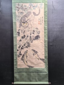 A Chinese Vertical Scroll Ink Painting of Fish and Cat on Paper,Bada Shanren