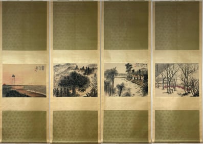 A Set of Chinese Vertical Scroll Ink Painting of Landscape and Figure on Paper,Fu Baoshi