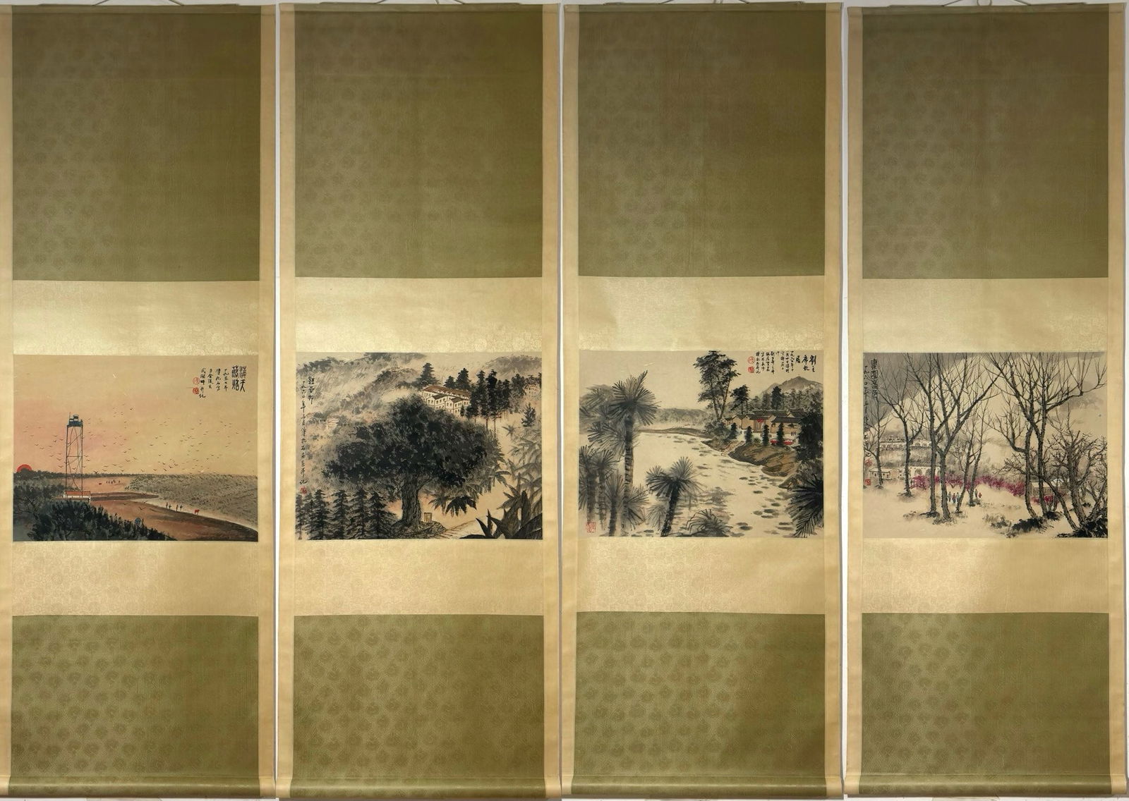 A Set of Chinese Vertical Scroll Ink Painting of Landscape and Figure on Paper,Fu Baoshi: A Set of Chinese Vertical Scroll Ink Painting of Landscape and Figure on Paper,Fu Baoshi,Size:(Without frame)17.7inx23in*4 一幅中国水墨山水人Ĥ