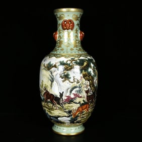 A Rare Celadon Glazed Enamel Painted Gold Pine and Deer Pattern Beast-Ears Vase,With Poem