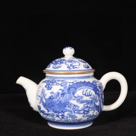 An Exquisite Blue and White Painted Gold Auspicious Cloud,Dragon and Phoenix Pattern Ewer