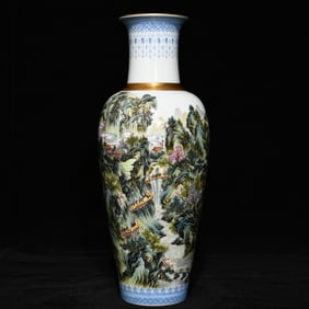 A Rare Famille-Rose Painted Gold Landscape and Figure Pattern Vase