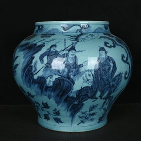 A Rare Blue and White Green Ground Character and Story Pattern Jar