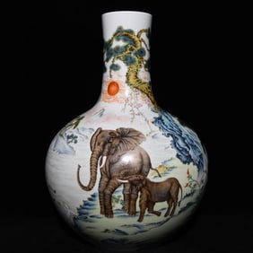 A Huge Enamel Elephant,Pine and Crane Pattern Vase,With Poem